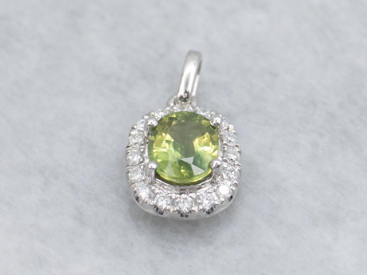 Modern Lime-Green Sapphire and Diamond Halo Pendant