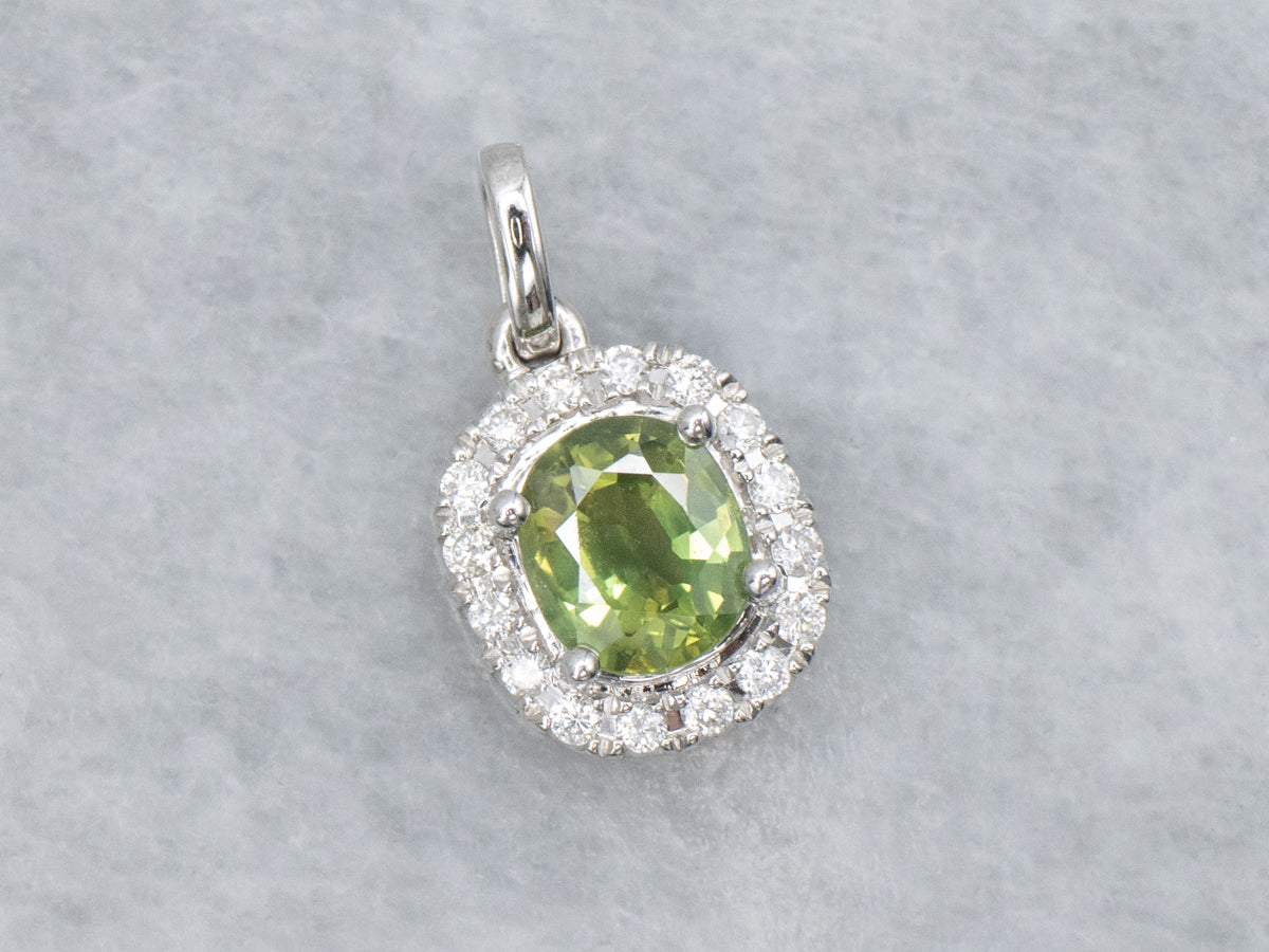 Modern Lime-Green Sapphire and Diamond Halo Pendant