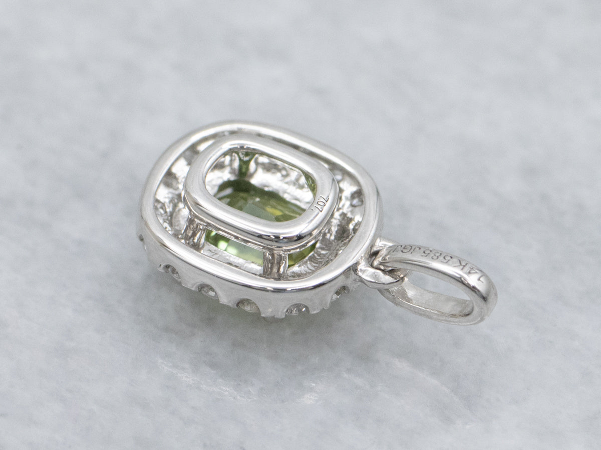 Modern Lime-Green Sapphire and Diamond Halo Pendant