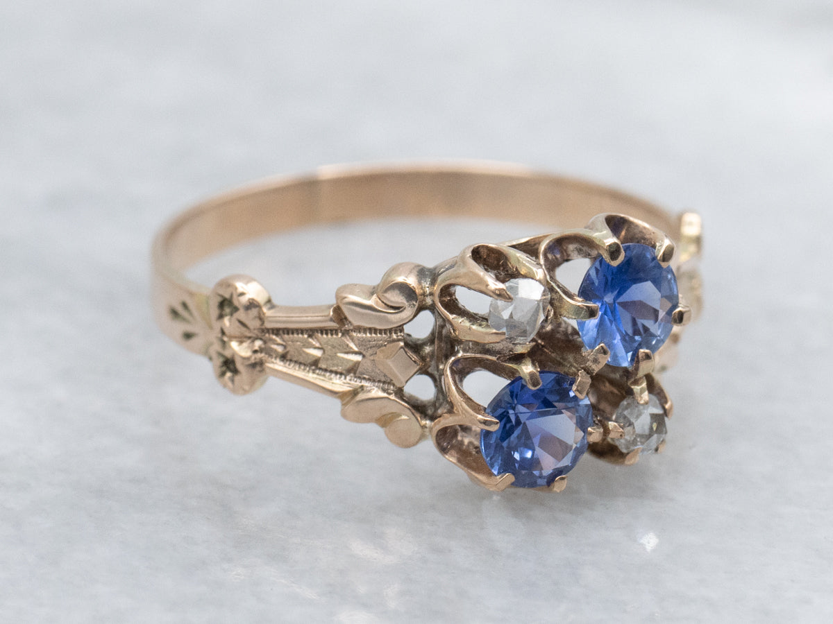 Sapphire and Rose Cut Diamond Victorian Rose Gold Ring