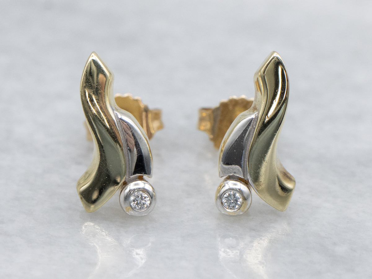 Modernist Two-Tone Gold Diamond Stud Earrings