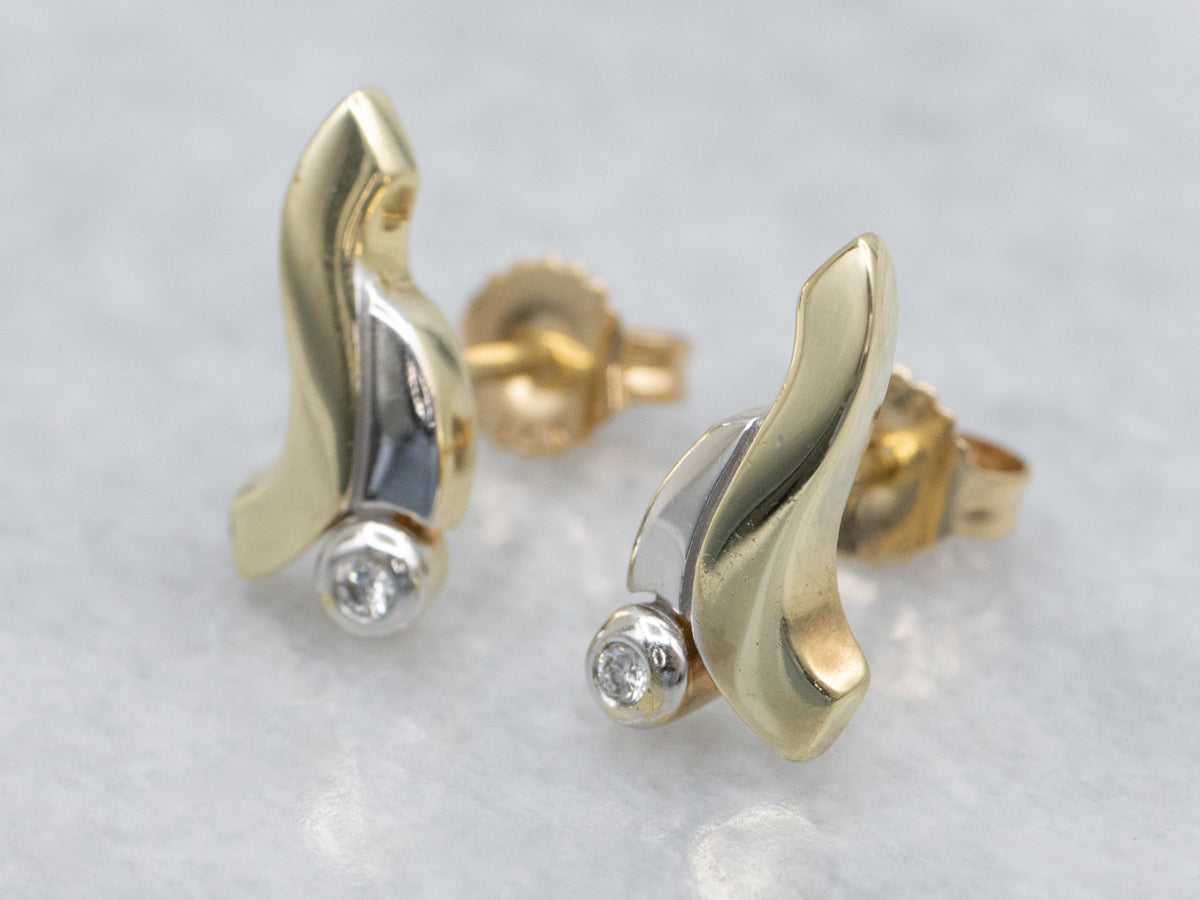 Modernist Two-Tone Gold Diamond Stud Earrings