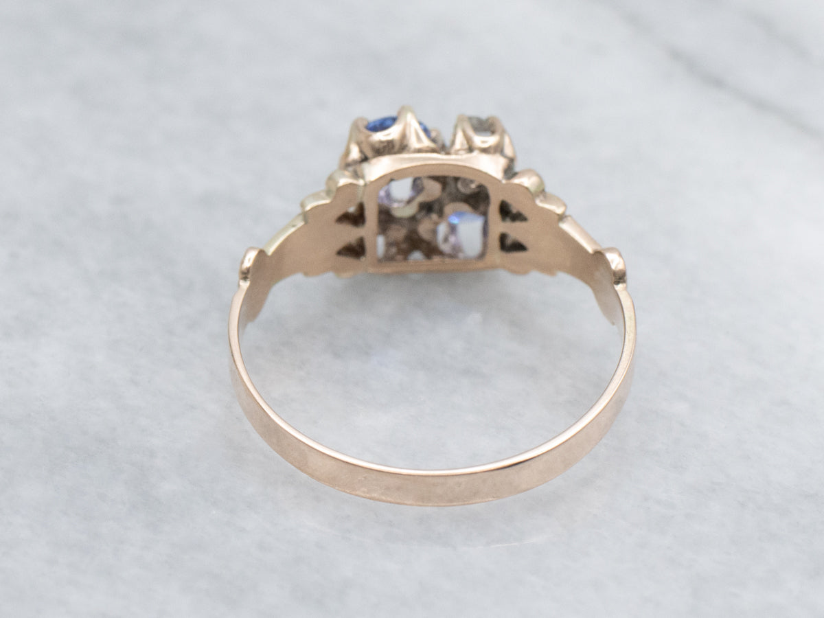 Sapphire and Rose Cut Diamond Victorian Rose Gold Ring