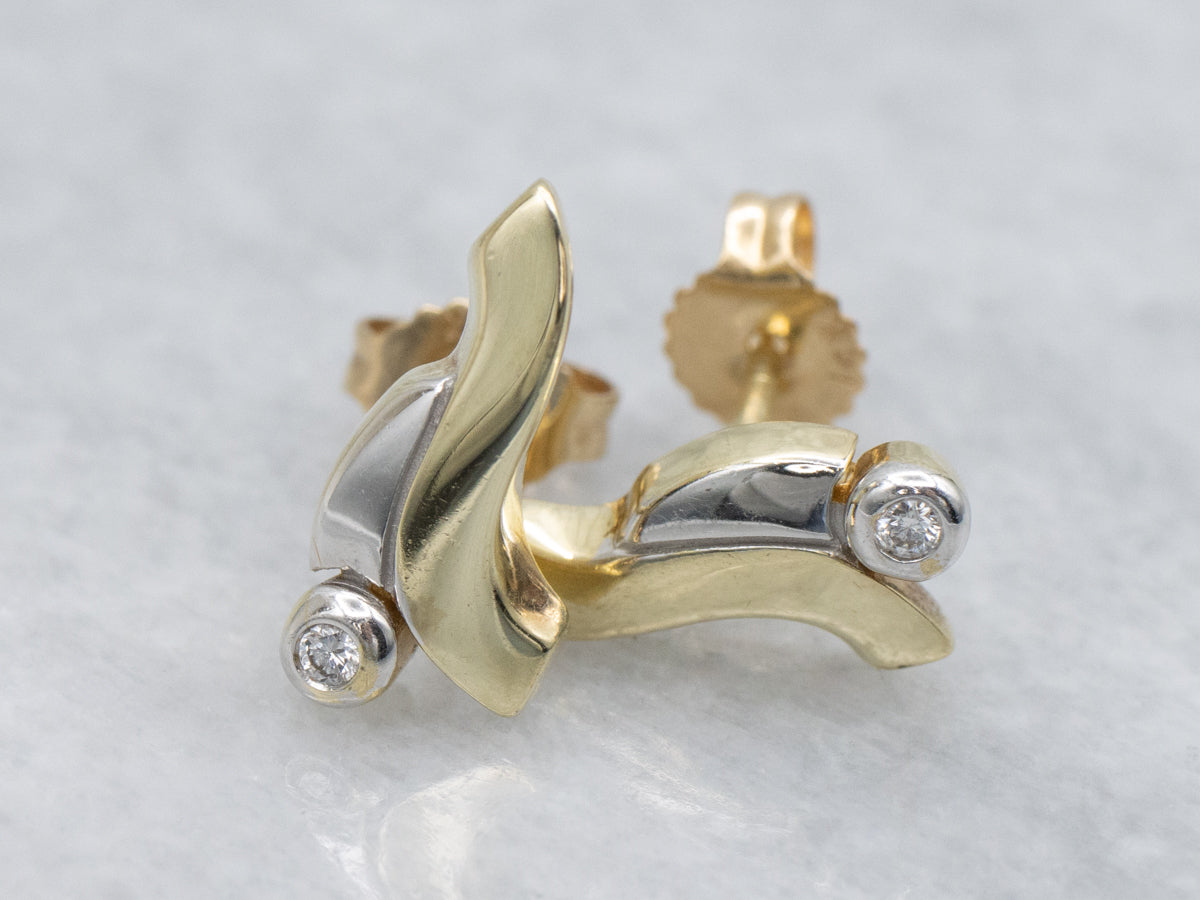 Modernist Two-Tone Gold Diamond Stud Earrings