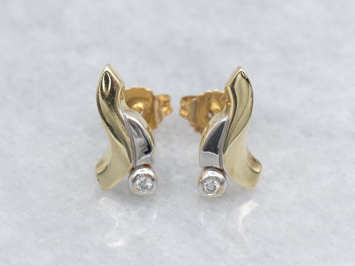 Modernist Two-Tone Gold Diamond Stud Earrings