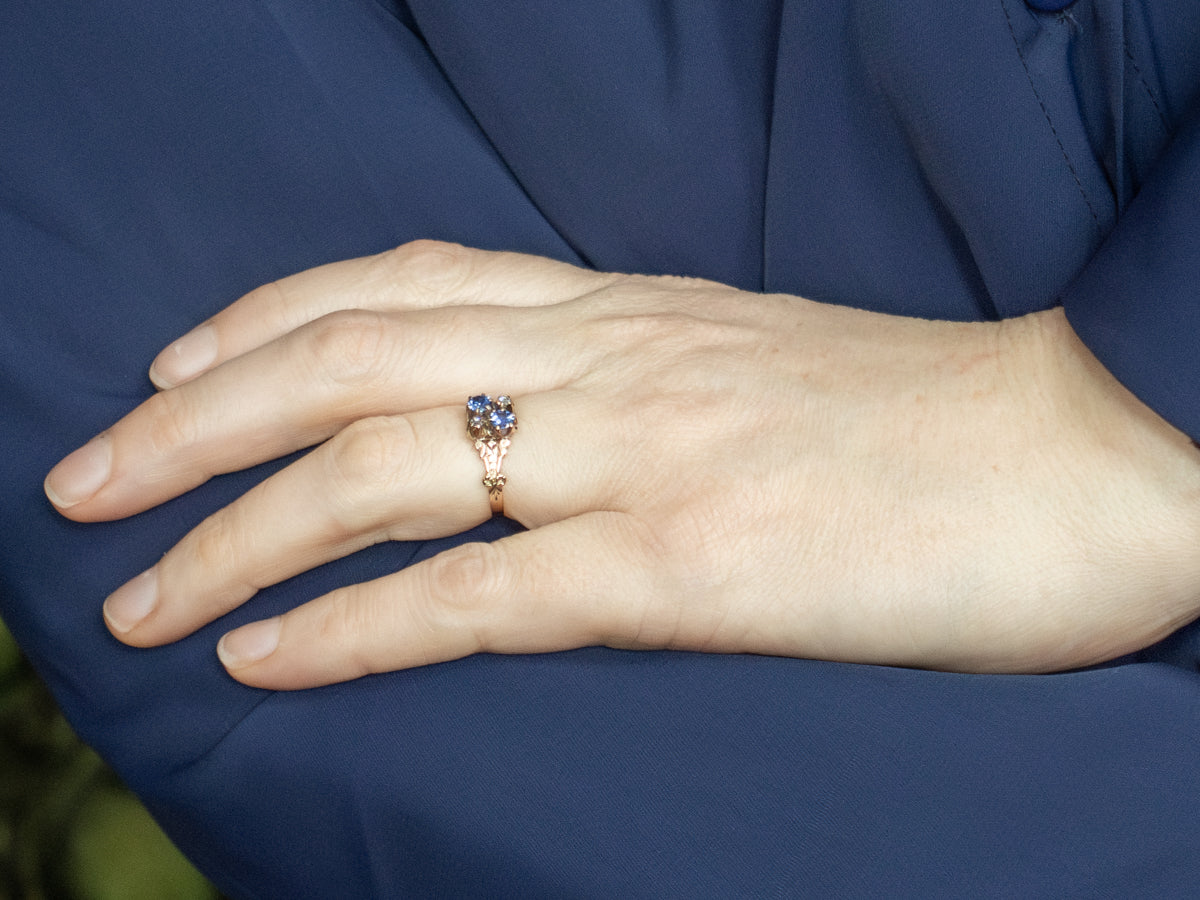 Sapphire and Rose Cut Diamond Victorian Rose Gold Ring