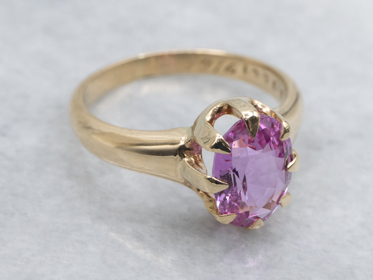 Pretty Pink Sapphire Solitaire in Vintage Gold Setting