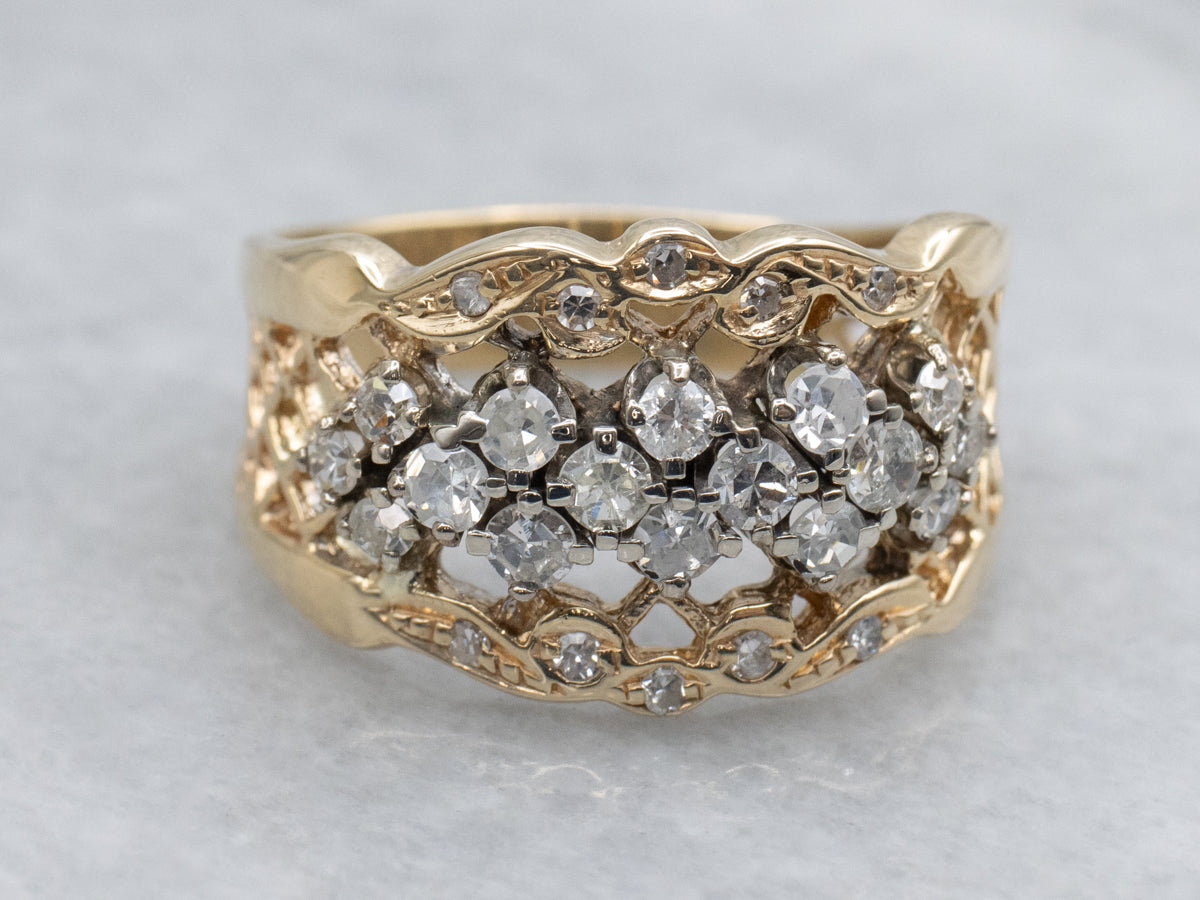 Diamond Cluster Ring with Pierced Gold Lattice Work