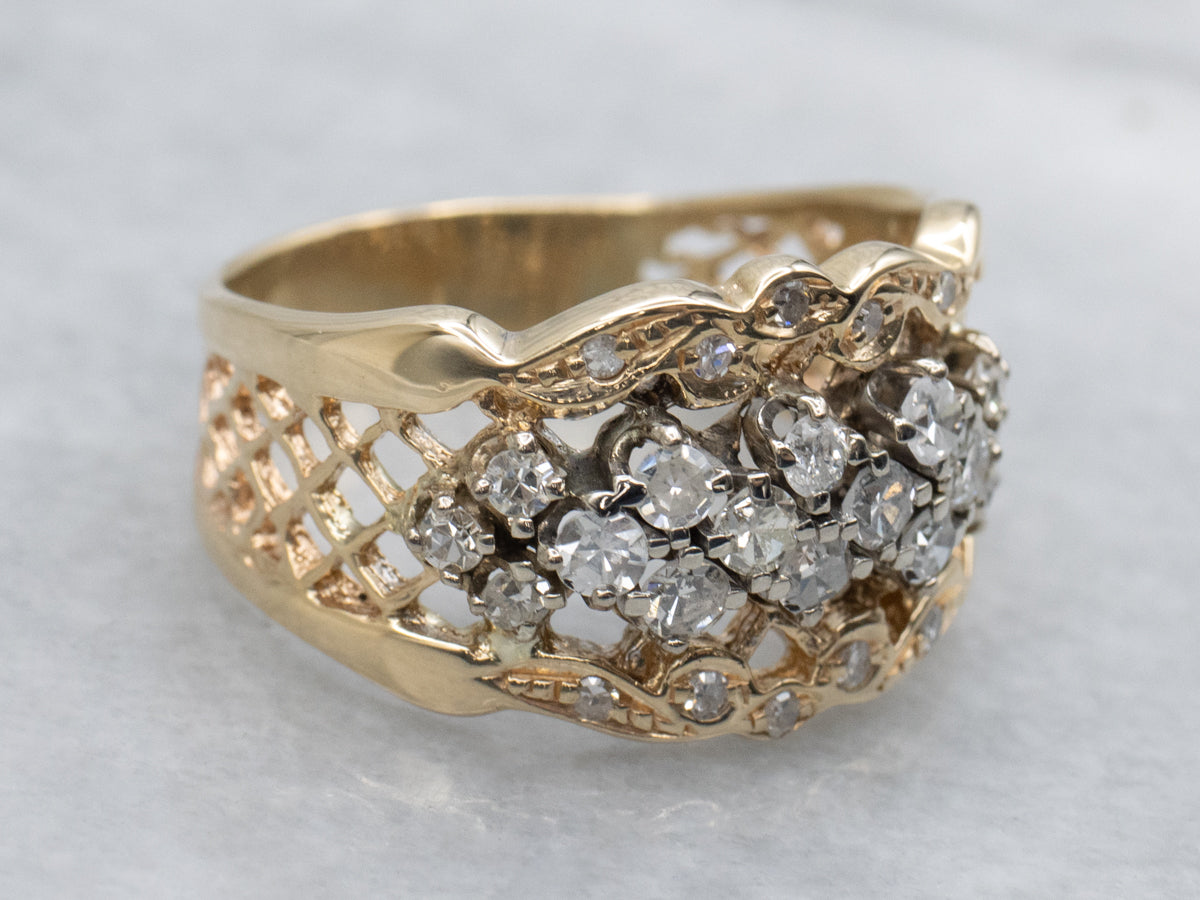 Diamond Cluster Ring with Pierced Gold Lattice Work