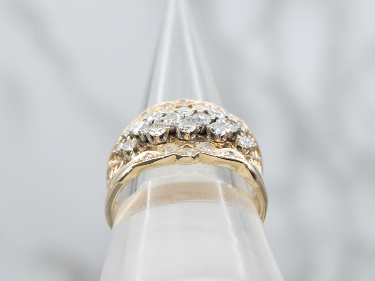 Diamond Cluster Ring with Pierced Gold Lattice Work