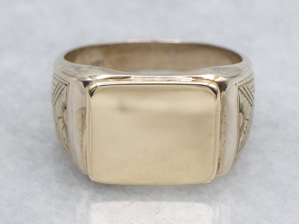 Antique Gold Rectangle-Top Signet Ring with Floral Engraved Shoulders