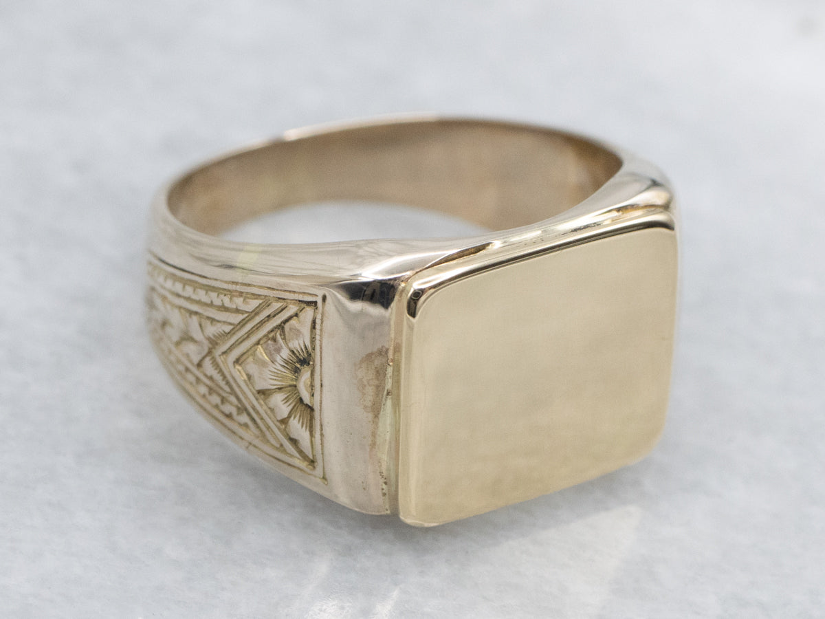 Antique Gold Rectangle-Top Signet Ring with Floral Engraved Shoulders