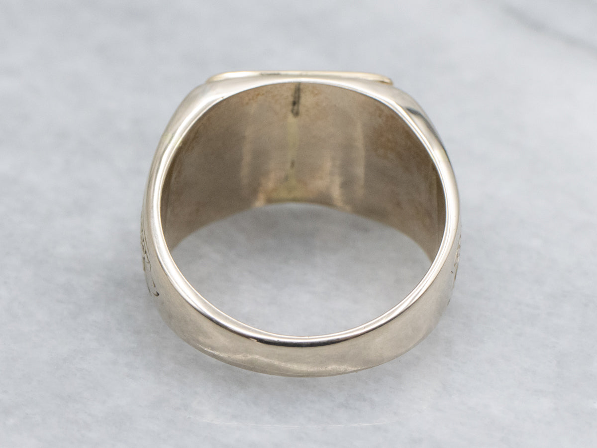 Antique Gold Rectangle-Top Signet Ring with Floral Engraved Shoulders