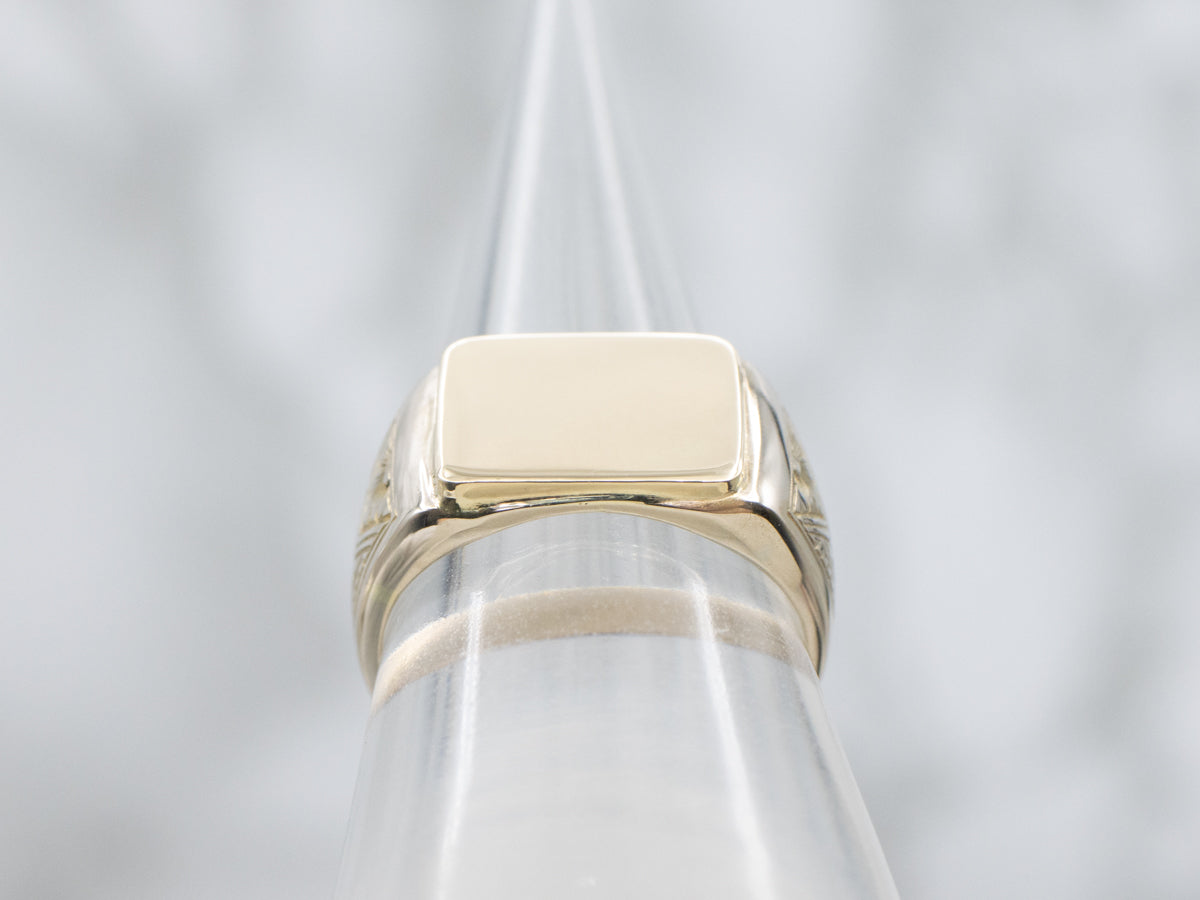 Antique Gold Rectangle-Top Signet Ring with Floral Engraved Shoulders