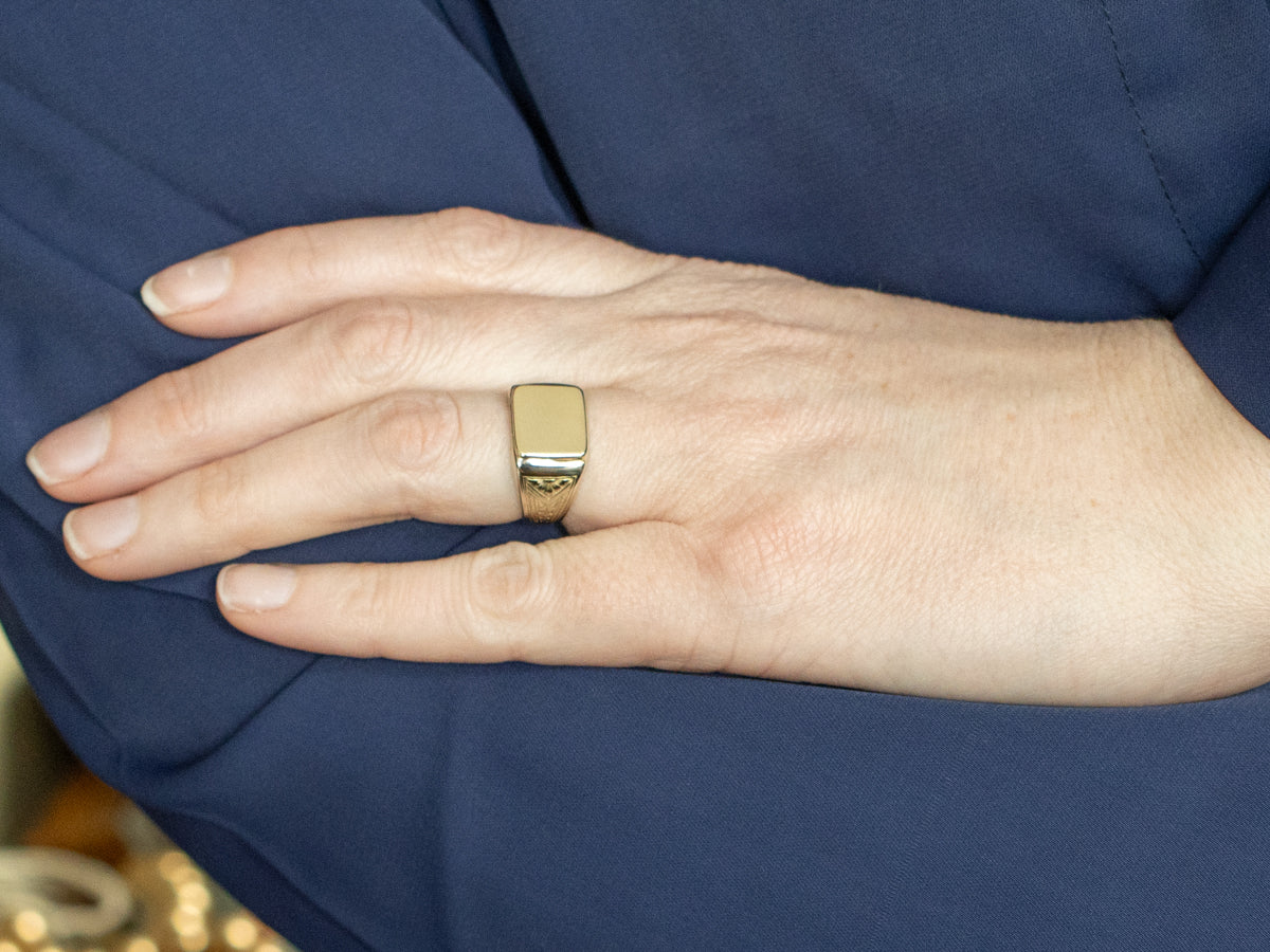 Antique Gold Rectangle-Top Signet Ring with Floral Engraved Shoulders