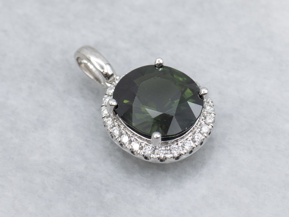Modern Cushion-Cut Green Sapphire and Diamond Halo Pendant