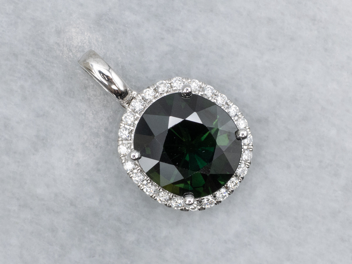 Modern Cushion-Cut Green Sapphire and Diamond Halo Pendant