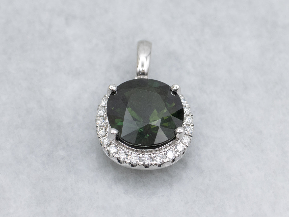 Modern Cushion-Cut Green Sapphire and Diamond Halo Pendant