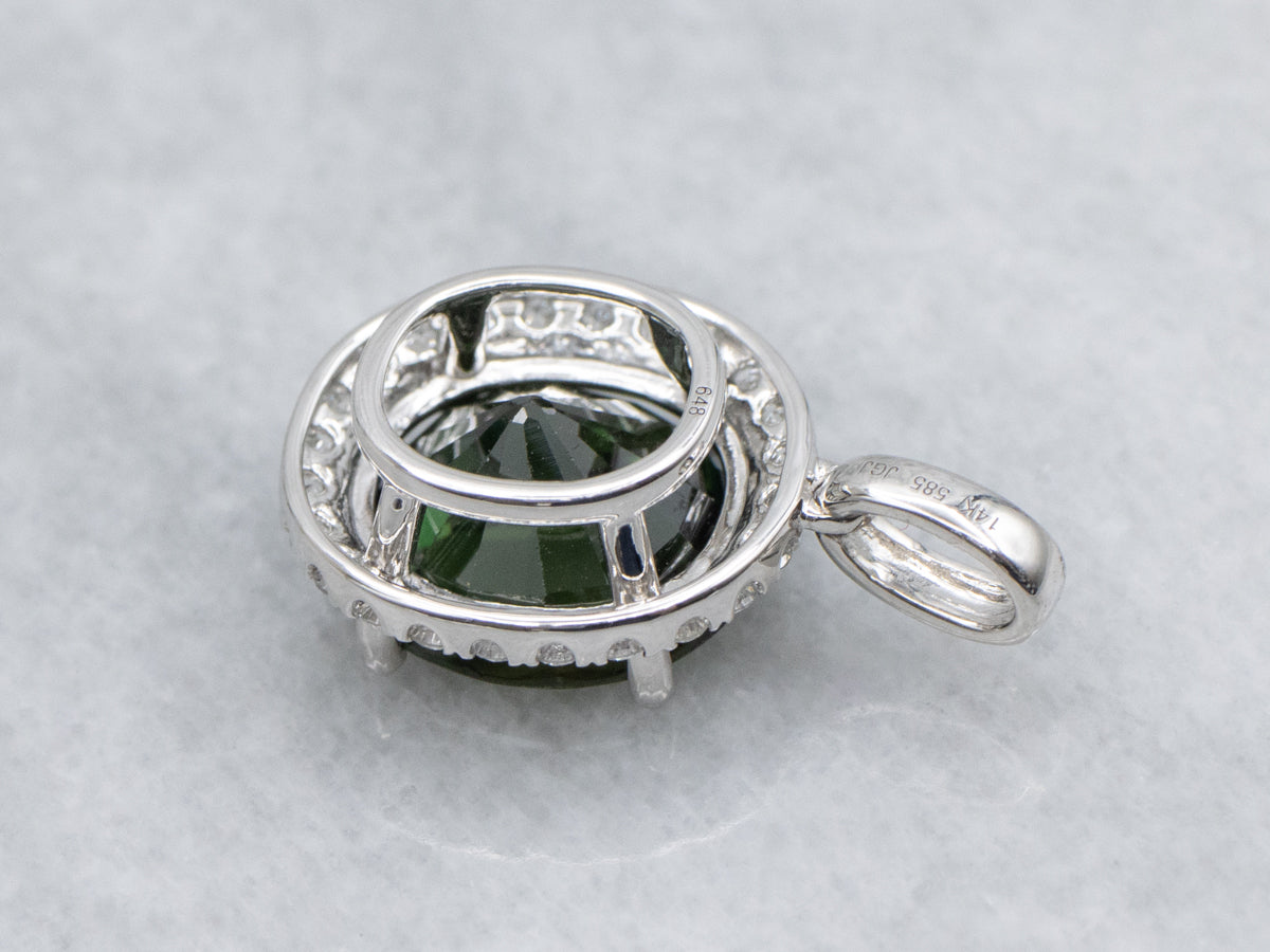 Modern Cushion-Cut Green Sapphire and Diamond Halo Pendant