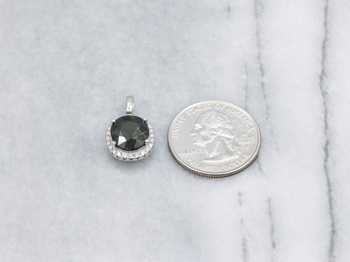 Modern Cushion-Cut Green Sapphire and Diamond Halo Pendant