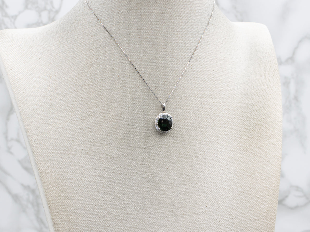 Modern Cushion-Cut Green Sapphire and Diamond Halo Pendant