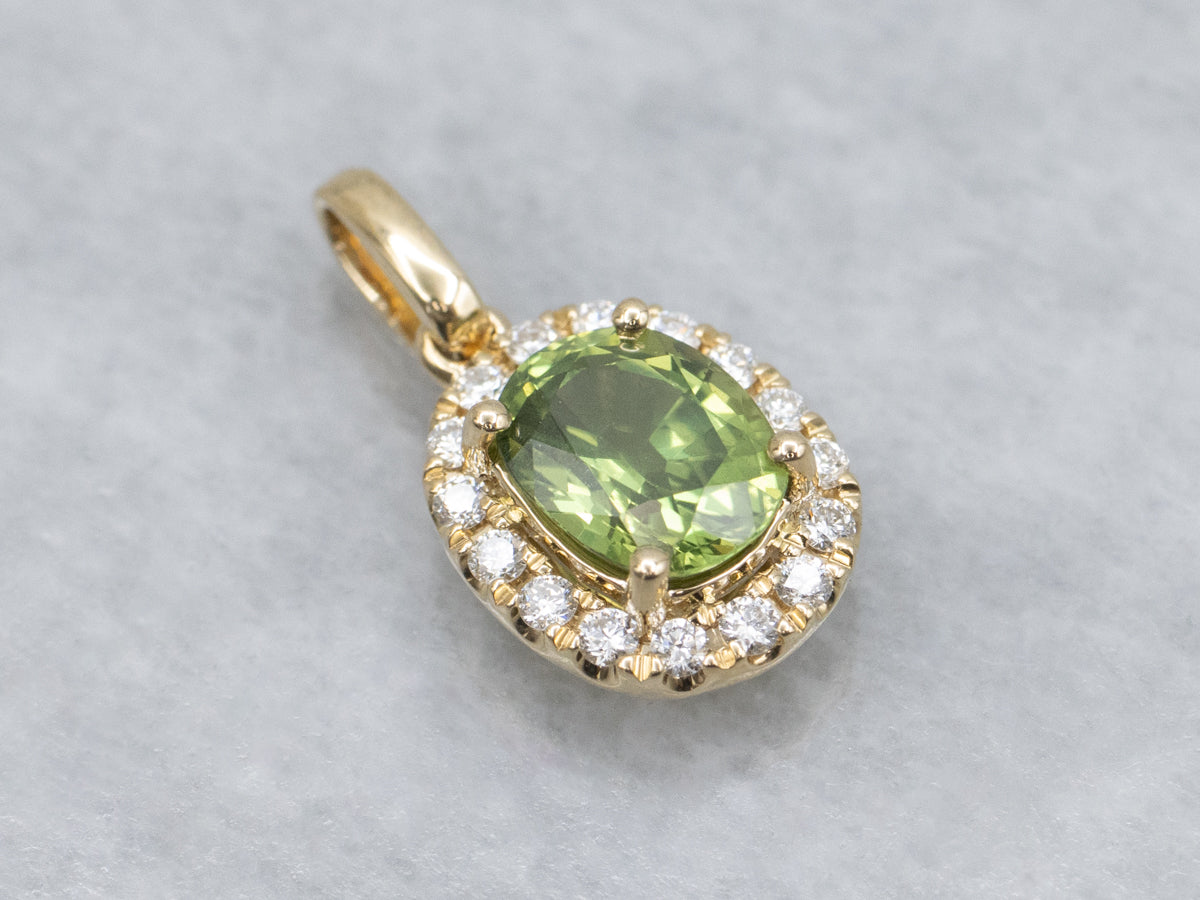 Modern Lime-Green Sapphire and Diamond Halo Yellow Gold Pendant