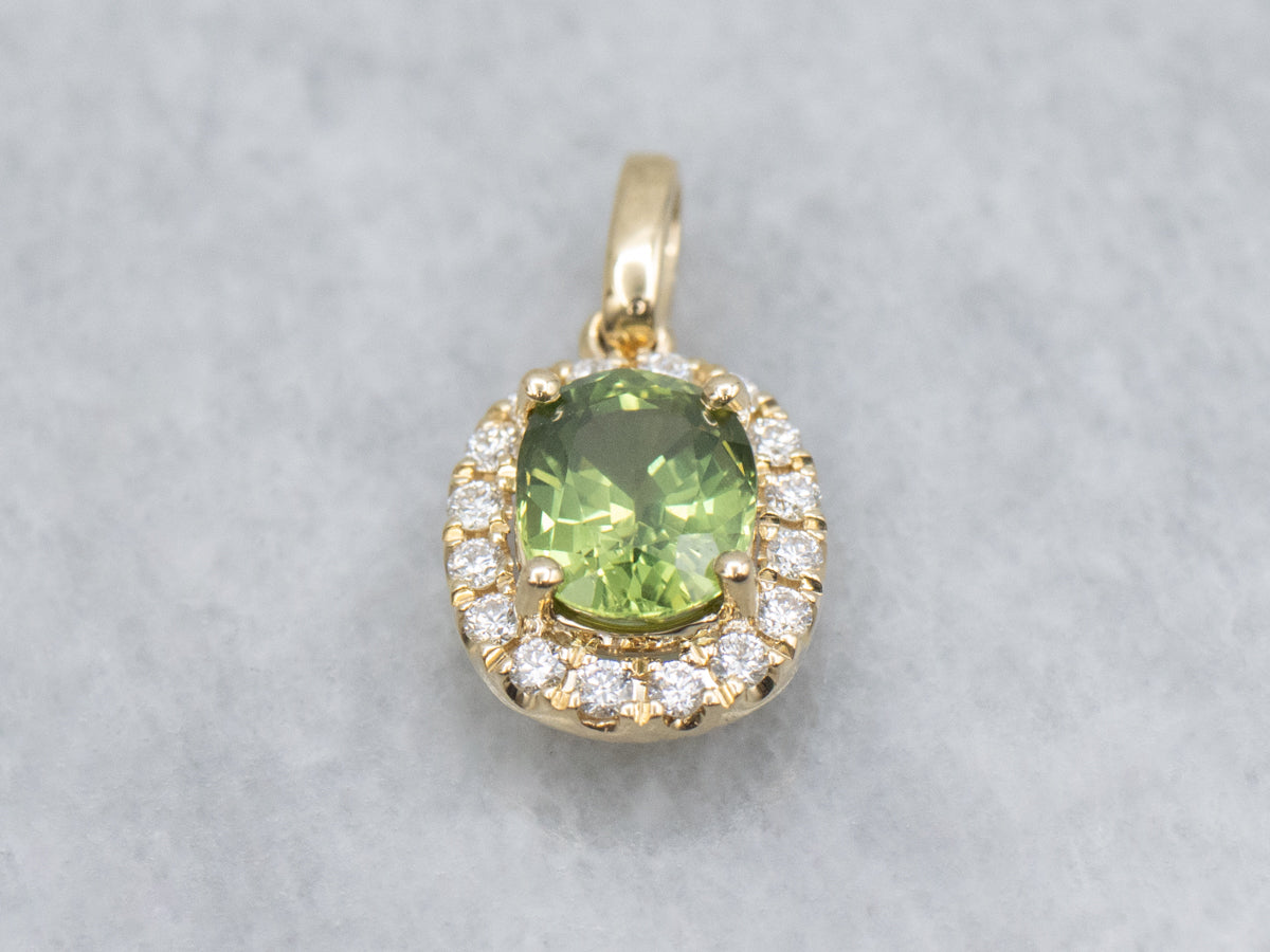 Modern Lime-Green Sapphire and Diamond Halo Yellow Gold Pendant