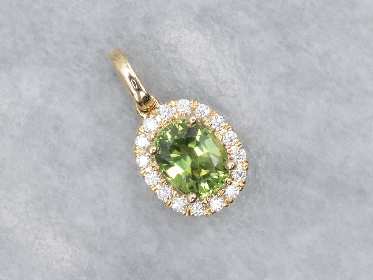 Modern Lime-Green Sapphire and Diamond Halo Yellow Gold Pendant
