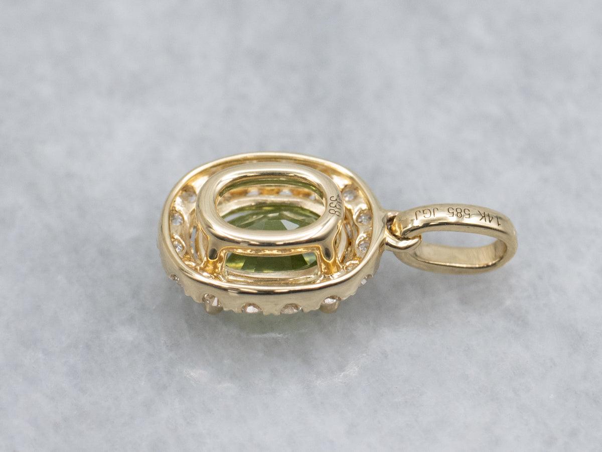 Modern Lime-Green Sapphire and Diamond Halo Yellow Gold Pendant