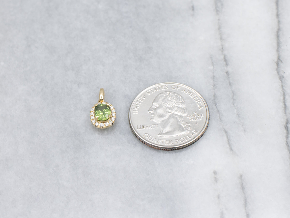 Modern Lime-Green Sapphire and Diamond Halo Yellow Gold Pendant