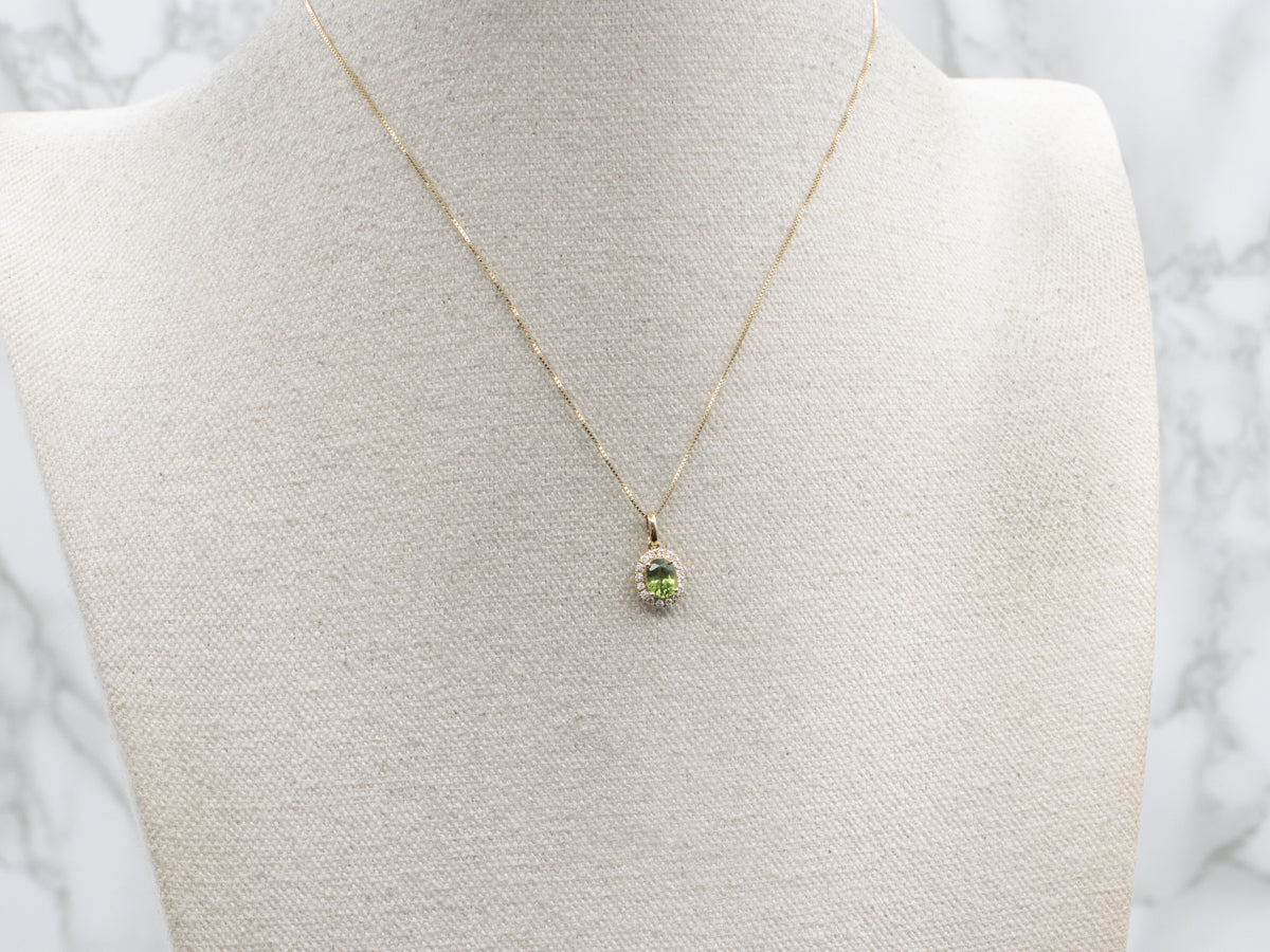 Modern Lime-Green Sapphire and Diamond Halo Yellow Gold Pendant