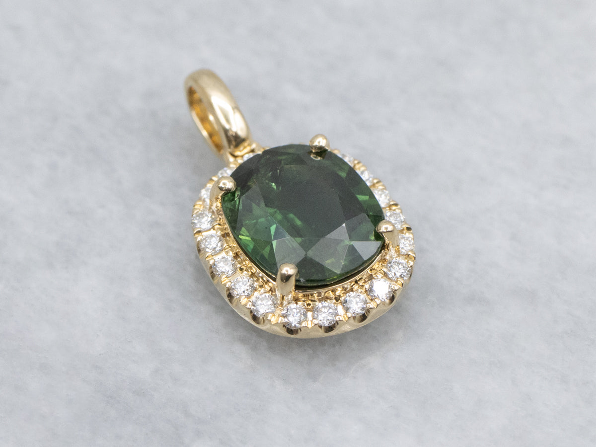 Modern Cushion-Cut Green Sapphire and Diamond Yellow Gold Pendant