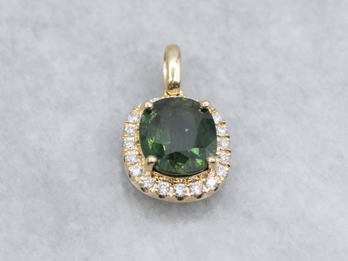 Modern Cushion-Cut Green Sapphire and Diamond Yellow Gold Pendant