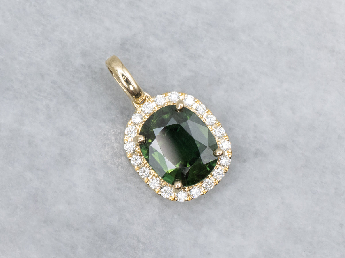 Modern Cushion-Cut Green Sapphire and Diamond Yellow Gold Pendant