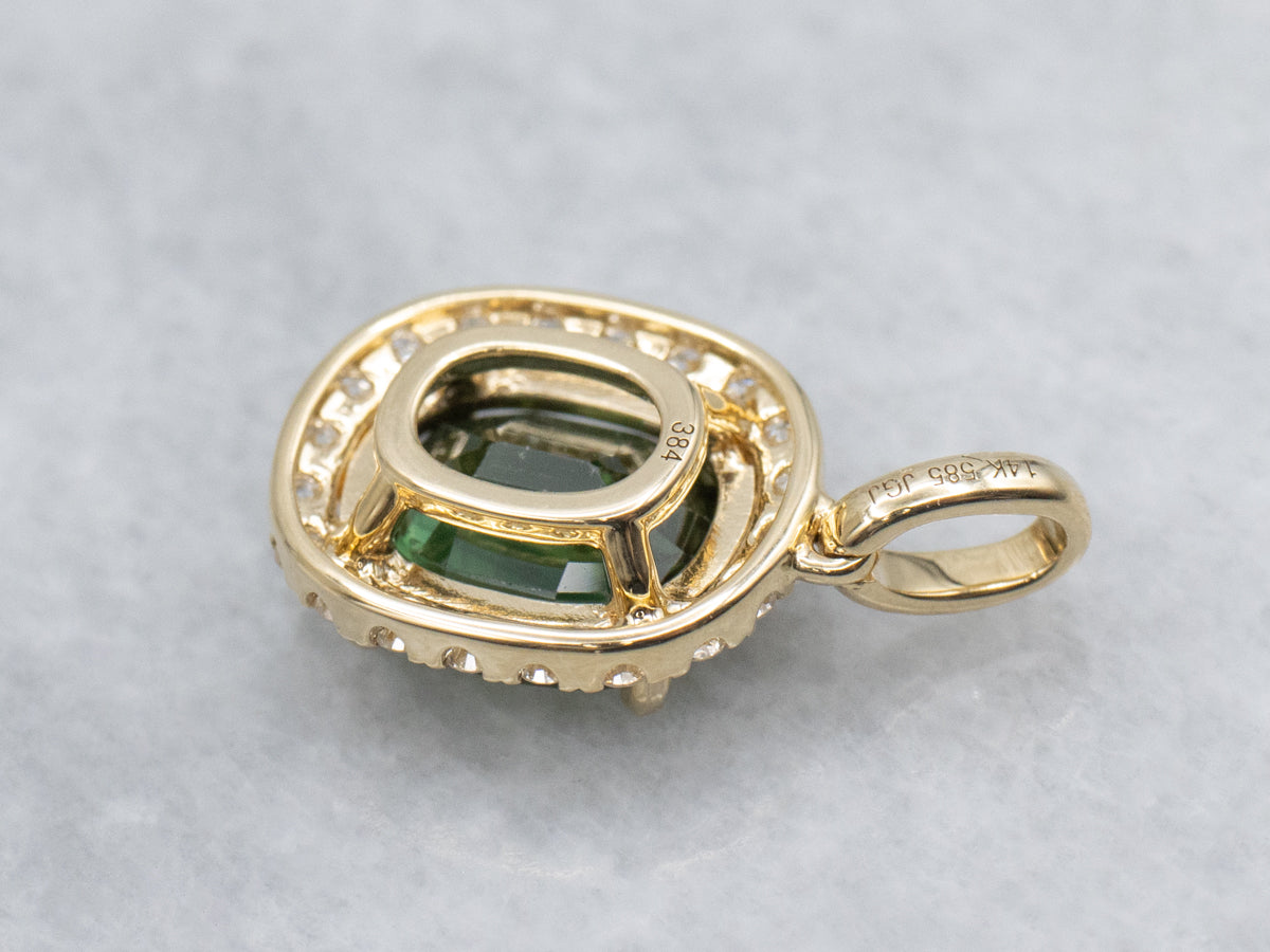 Modern Cushion-Cut Green Sapphire and Diamond Yellow Gold Pendant