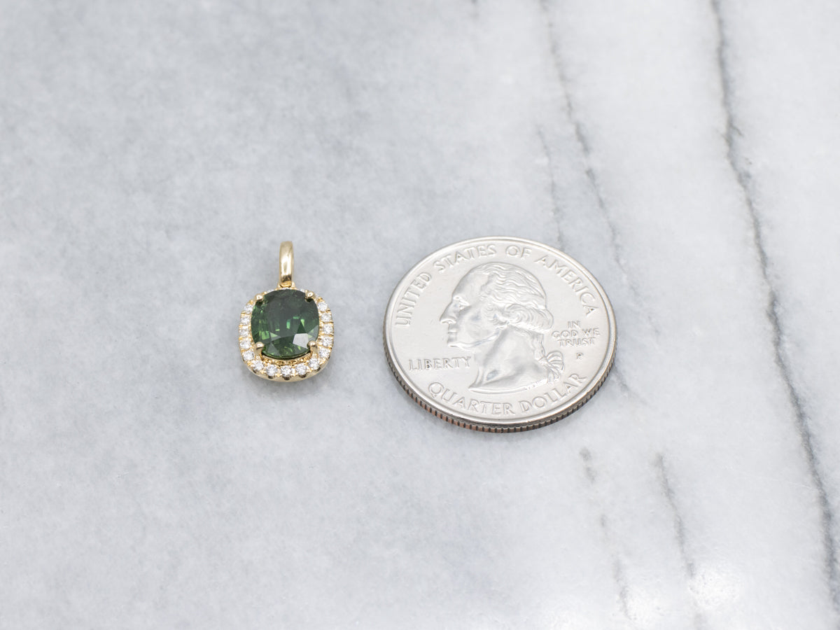 Modern Cushion-Cut Green Sapphire and Diamond Yellow Gold Pendant