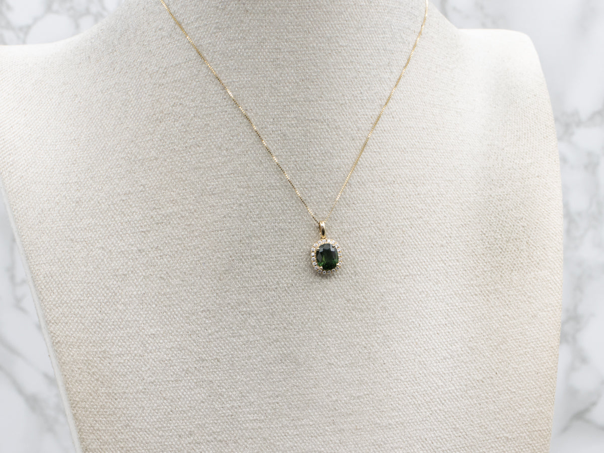 Modern Cushion-Cut Green Sapphire and Diamond Yellow Gold Pendant