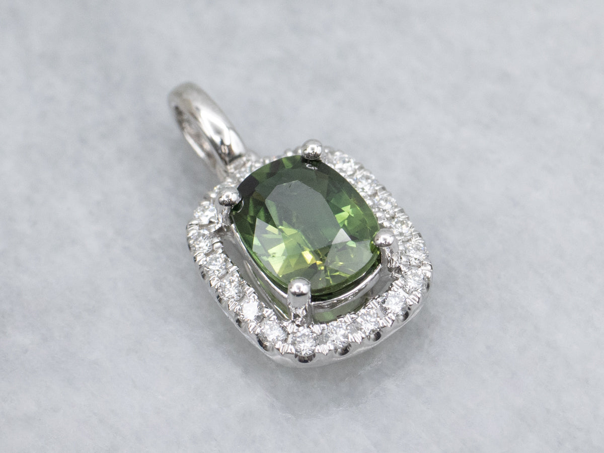 Modern Green Sapphire and Diamond Halo White Gold Pendant