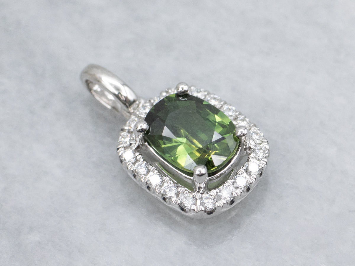 Modern Green Sapphire and Diamond Halo White Gold Pendant