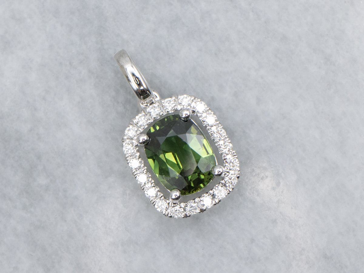 Modern Green Sapphire and Diamond Halo White Gold Pendant