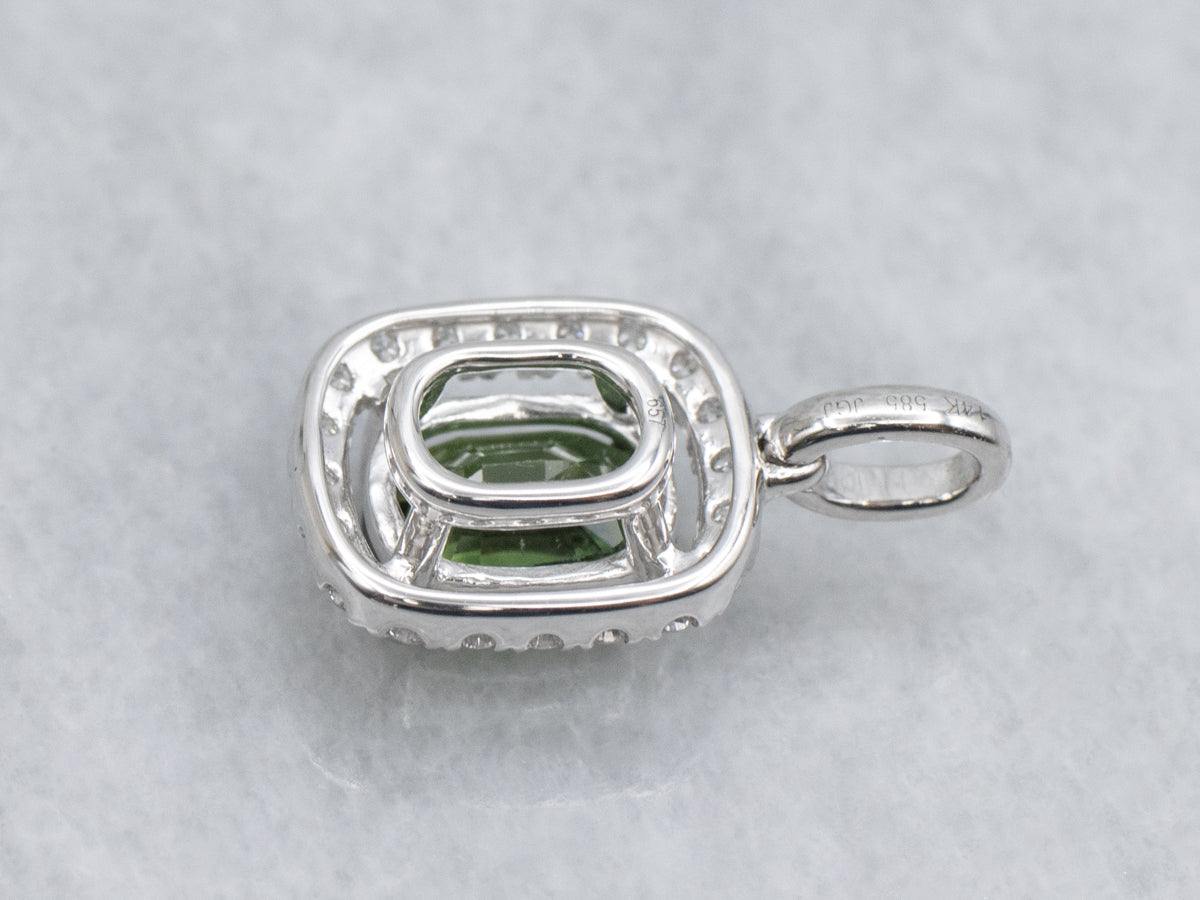 Modern Green Sapphire and Diamond Halo White Gold Pendant