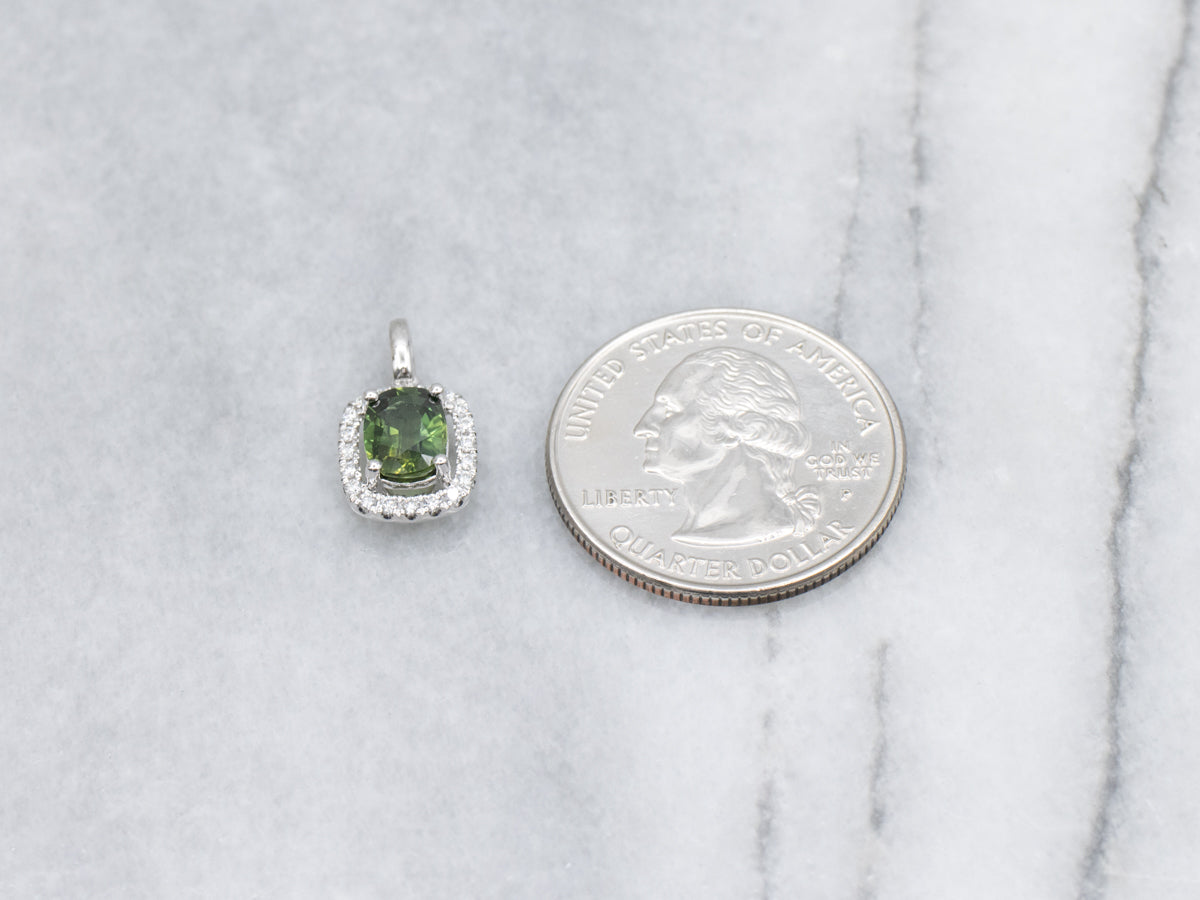 Modern Green Sapphire and Diamond Halo White Gold Pendant