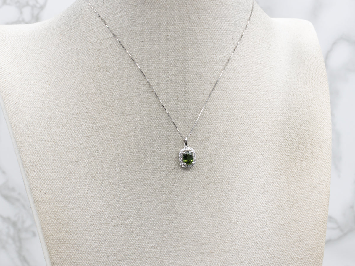 Modern Green Sapphire and Diamond Halo White Gold Pendant