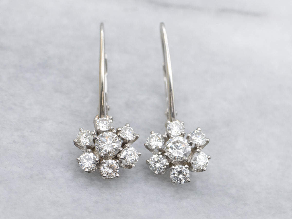 Diamond Cluster White Gold Drop Earrings