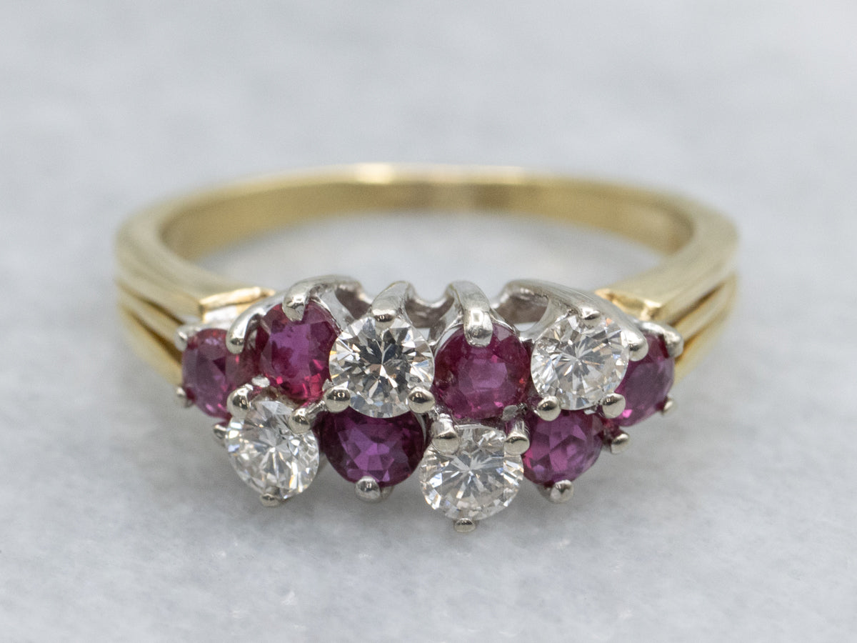Ruby and Diamond Two-Tone Gold Cluster Ring