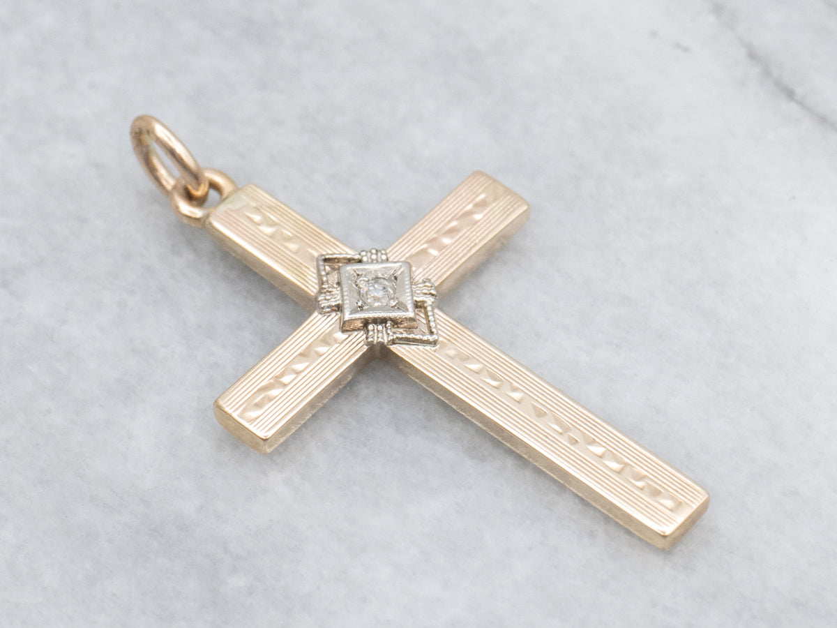 Vintage Diamond Engraved Two-Tone Gold Cross Pendant