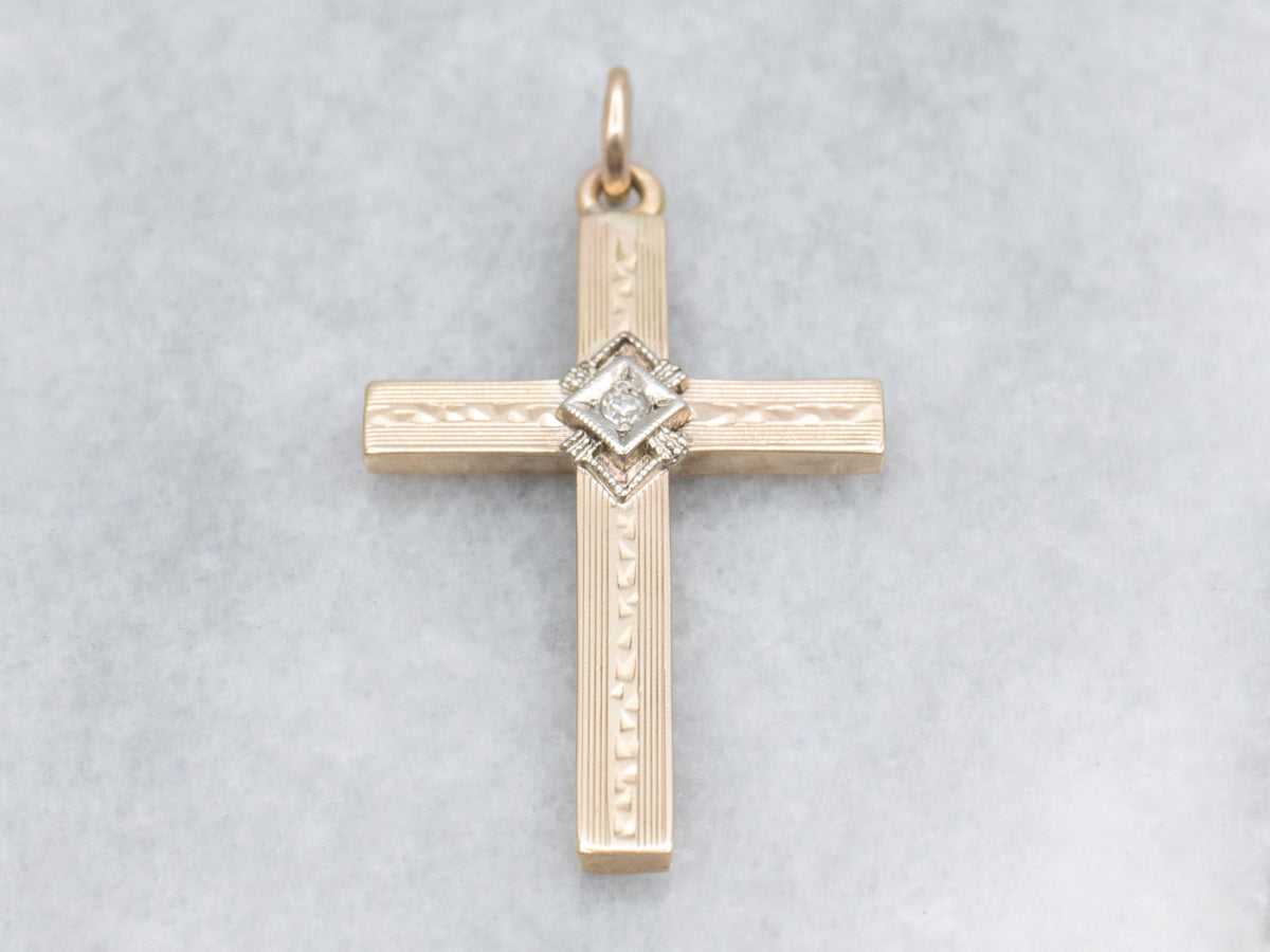 Vintage Diamond Engraved Two-Tone Gold Cross Pendant