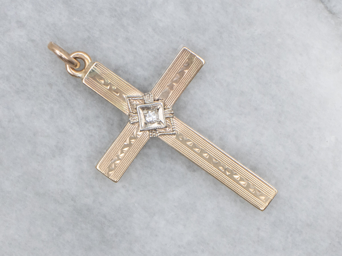 Vintage Diamond Engraved Two-Tone Gold Cross Pendant