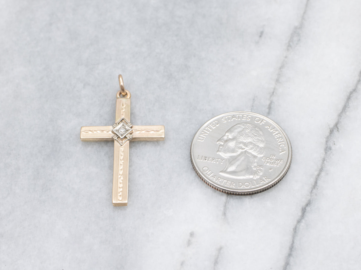 Vintage Diamond Engraved Two-Tone Gold Cross Pendant