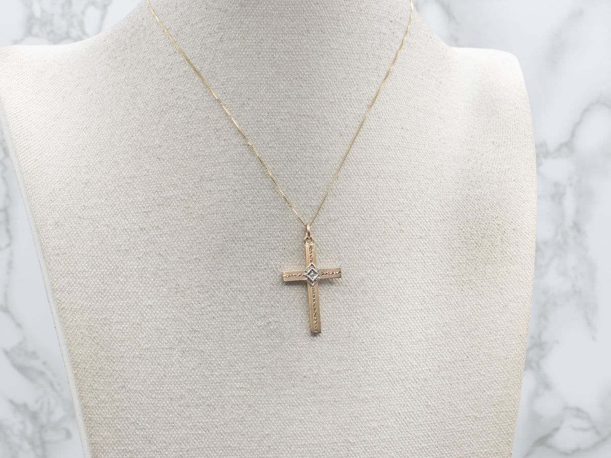 Vintage Diamond Engraved Two-Tone Gold Cross Pendant